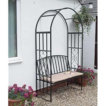 Garden Arch With Bench and Cushion Arbour Seat Metal Garden Furniture