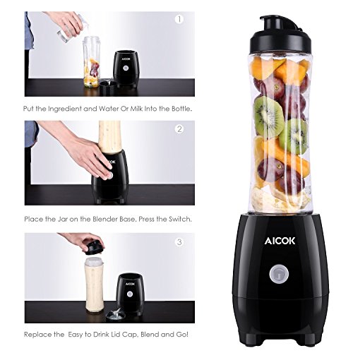Aicok Mini Mixer Standmixer Smoothie Maker Entsafter Eletronischer Icecrusher mit 600ml Trinkflasche, 4 Edelstahlmesser, 300 Watt, BPA frei, Schwarz - 5