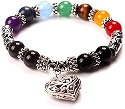 7 Chakra Healing Bracelet Peach Heart Yoga Meditation Mala Bead Bracelet Agate Hand Bead String for Women Birthday Wedding Valentine's day Christmas Back to School Gift-1pcs (Multi-color)