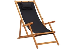 vidaXL Silla de Playa Plegable Asiento Reclinable Piscina Camping Hamaca Tumbona Jardín Patio Balcón Tela Negra Madera Maciza de Eucalipto