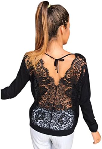 BA Zha Fashion Women's Backless Lace Solid Simple Casual Autumn Tunic Loose Straps Crop Round Neck Pullover Sweatshirt Long Sleeve Tops Sexy Blouse Jumper T-Shirt (L, Black)