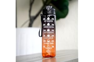 BAYINTNAL 32oz Motivational Time Marker Water Bottle with Straw, Light-weight, Leakproof BPA Free, Inspirational 1L Tritan Sports Drinking Jug with Flip Spout Fit in Car Cupholder (Clear Black Orange)