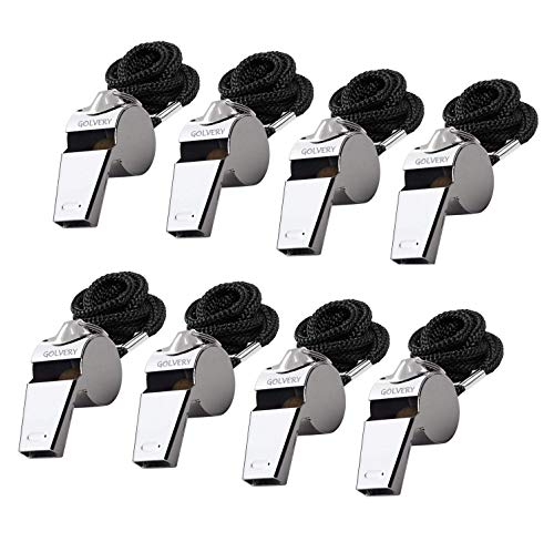 Golvery Fischietto da arbitro/coach in acciaio inox extra forte con cordino per scuola, sport, calcio, calcio, basket e bagnino, 8 pezzi