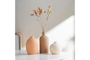 JXCBXJ Set di 3 Vaso in Ceramica,Vaso Deco Estetico Neutro Boho Scandinavo Vasi di Fiori Decorazione, arredamento moderno della fattoria,per soggiorno,tavolo,scaffale,ingresso (Marrone chiaro Arancia Beige)