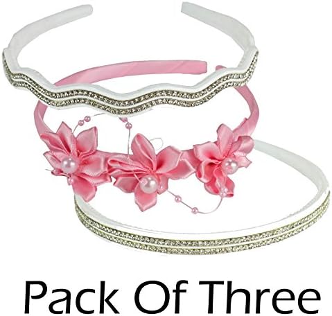 3 Pack 14cm Wavey/Flowery Hair Band Tiaras With Rhinestones White, Pink