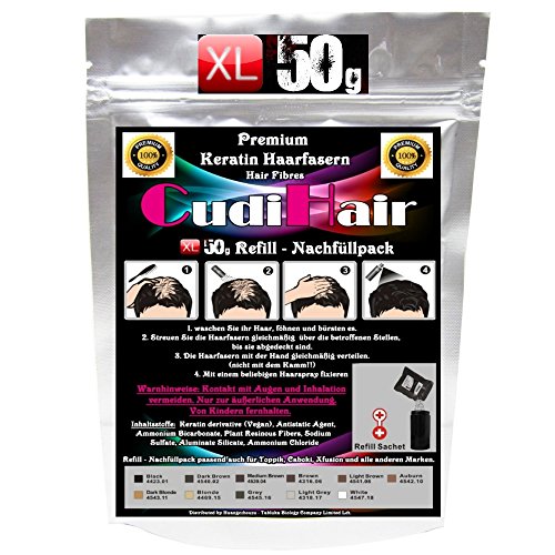 CudiHair~XL HAIR FIBERS~50g PREMIUM-DELUXE~XL REFILL SCHÜTTHAAR NACHFÜLLBEUTEL !! verschiede Farben !! STREUHAAR~BEI HAARAUSFALL (Schwarz (Black))