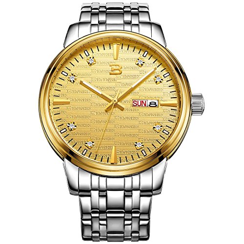 Binger Herren-Quarzuhr mit Tag- und Datumsanzeige, mit silberfarbenem Edelstahl-Armband, phosphoreszierende Zeiger, goldfarbenes Zifferblatt Binger Herren-Quarzuhr mit Tag- und Datumsanzeige, mit silberfarbenem Edelstahl-Armband, phosphoreszierende Zeiger, goldfarbenes Zifferblatt