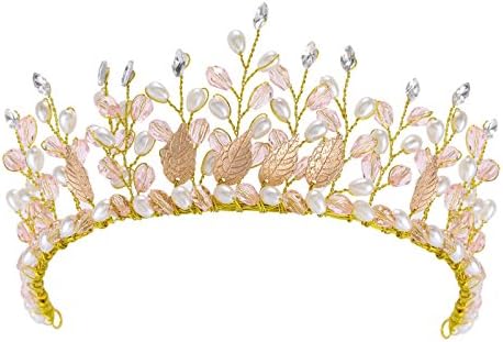 HerZii Bridal Faux Pearls Gold Leaves Tiara Crystal Women's Wedding Hair Jewelry Pageant