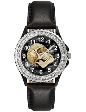 Skull Totenlopf - Strass Damenuhr mit Lederarmband (schwarz)