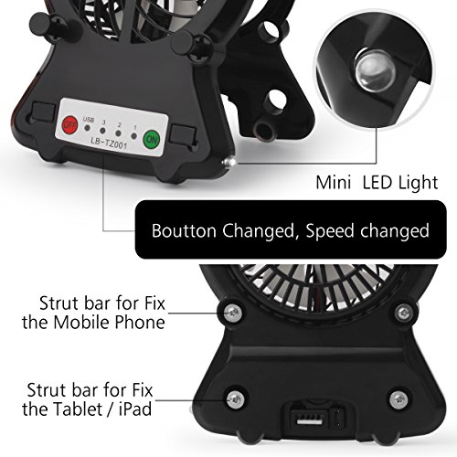 Zuoao Tablet Handys Halter Ständer Handy-Kühler/Mini-Ventilator mit Klappständer LED Lampe und USB Ständer Tischständer Multi-Winkel Halterung Tablet Halter für Handy Tablet (Schwarz) - 6