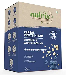 NUTRIX Blueberry White Chocolate Cereal Protein Bar For Men, Women & Kids 240 Gram Pack - 6 Pc Box, 40 gm Energy Bar with No Added Refined Sugar