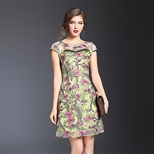 JIALELE Women's Party Going out Sexy Sophisticated Chinoiserie Sheath Above Knee Dress, Flower/Floral Embroidered Round Neck Short Sleeves,Green,L