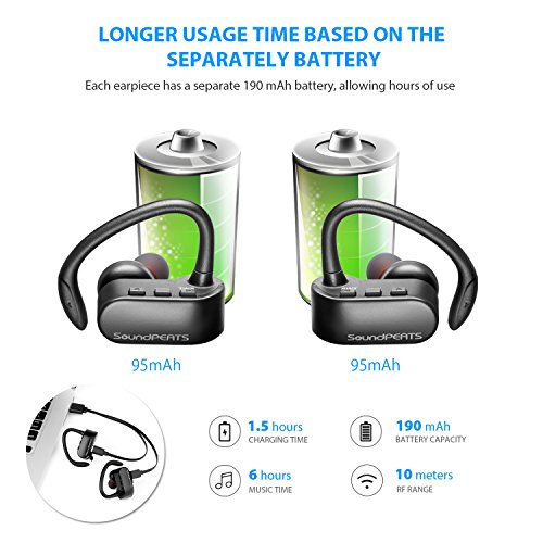 SoundPEATS Q16- Auriculares inal  mbricos con Bluetooth sin cables V4 2  modo est  reo y cascos deportivos con micr  fono y base de carga para correr y hacer ejercicio  color negro