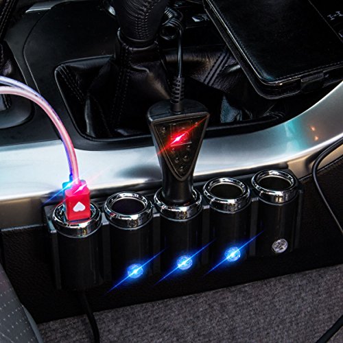 KFZ 12V/24V Auto Verteiler 6 Fach – 4x Zigarettenanzünder Adapter mit 2x USB Ladegerät 120W + Kabel 2in1 microUSB/Lightning für Handy Smartphone GPS Navigation – Ladesteckdosen LED - 5
