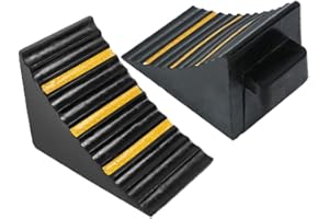 mosegor Wheel Chocks 2 Pack Rubber Tyre Saver 16 x 25 x 19 cm Non-slip Brake Stoppers Heavy Duty Car Wedge with Handles and Yellow Strips for Cars Travel Trailer Vehicles RV Trucks and ATV Black