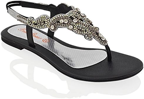 Essex Glam Womens Flat Sandals Diamante Slingback Toe Post Ladies Sparkly Holiday Party Shoes Size 3-9