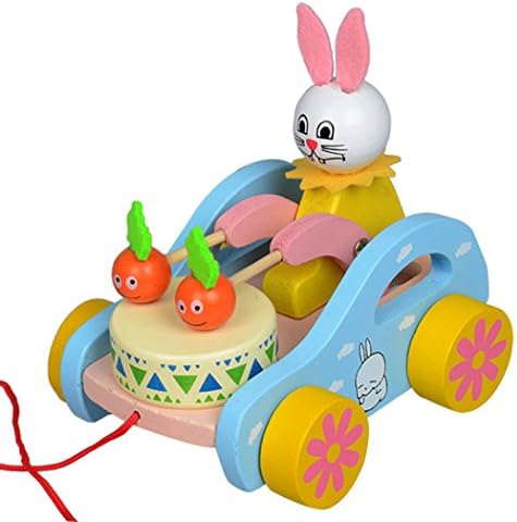 Christmas Gift Colorful Wooden Educational Drum Beating Pulling Cart Toddler Toys for Children Kids Baby Music Enlightenment Toys (Rabbit)