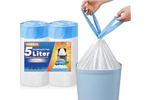 OKKEAI 5l Bin Bags Small Bin Liner Drawstring Trash Bags Pedal Waste Liners with Tie Tap Handle,Suitable for Bathroom,Toilet,Kitchen Fit 3L,4L,5L,6L garbage Bin(White, 40 Bags)