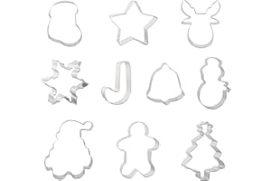 Cortadores de galletas de Navidad, Fyvadio 10 Pcs Holiday Cookie Cutters Forma - Árbol, Copo de Nieve, Bastón, Cara de Papá Noel, Estrella, Ciervo, Campana y más Cortadores de Galletas para Hornear