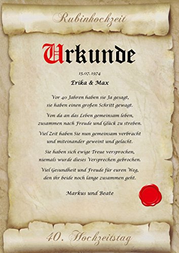 Rubinhochzeit Urkunde persönliche Geschenk Karte zum 40. Hochzeitstag Pergament div. A4 Papier Motive