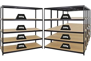 ‎PROREGAL PROREGAL Mega Deal 5er-Set Schwerlastregal Giant Elephant 180x180x60cm mit 5 Ebenen Fachlast 200kg Schwarz, Kellerregal, Steckregal, Garagenregal, Lagerregal