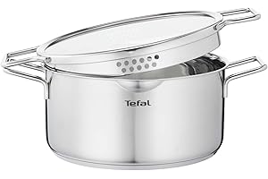 Tefal Nordica Faitout 24 cm (5 L) en acier inoxydable garanti 10 ans + Couvercle verre, Base diffusion de chaleur, Bec verseur, Egouttage facile, Tous feux dont induction H8524635
