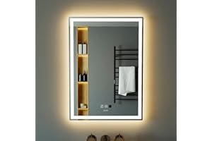 KWW 50 x 70 cm LED Vanity Mirror con Sensore di Movimento, Temperatura di Colore Regolabile, Luci Dimmerabili Anti-Nebbia, Facile da Installare, Specchio Montato a parete Orizzontale/Verticale