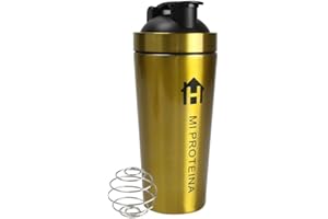 H HOME UNIVERSAL Home Universal® 750ML Botella Gim Shaker de Acero Inoxidable | BPA Free con Mezclador de Tapa Integrado | Vaso Gimnasio con Medidor | Apto para Lavavajillas | Vaso Proteína (Oro)