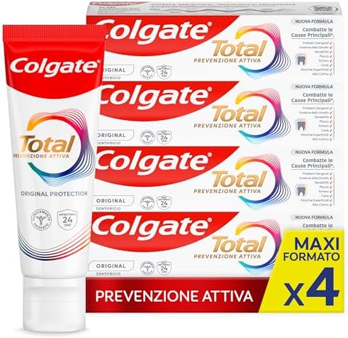Colgate Dentifricio con Ingredienti Antibatterici Total Original 4 Confezioni da 100 ml I 24h di Protezione di Denti, Lingua, Guance e Gengive I Rimuove la placca I Rafforza e Ripara lo smalto**