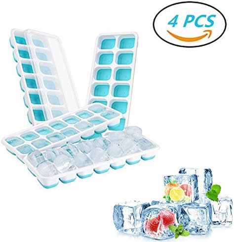 Ice Cube Trays with lids 4 Pack 56 Small Square Ice Molds Cocktail for Freezer Food Grade Ice Tray Molds, Ice Ball Storage Container spill-resistant LFGB Certified &amp; BPA Free, Durable Stackable and Dishwasher Safe – Blue