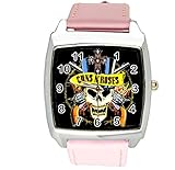 taport® Guns N Roses Quarz Square Armbanduhr Pink Echt Leder Band + Gratis Ersatz Batterie + Gratis Geschenkverpackung