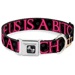 Buckle Down DC-W31551-L Seatbelt Dog Collar, Large, ONE of US is A Bitch Crown/Paws Black/Gray/Pink
