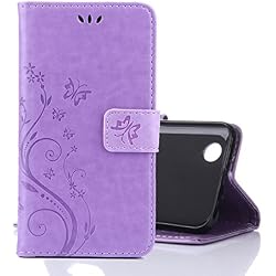 Alfort Funda LG K4 2017, Cáscara LG K4 2017, 2 en 1 Carcasa PU + 1 raíz horca Cierre Magnético con una Función de Soporte y la Cartera Suave Mariposa y Flor (Púrpura)