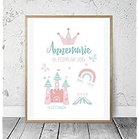 Kinderposter Geburtsanzeige Prinzessin und Schloss - Geburtsdruck mit Wunschname u. individuellen Daten f. Mädchen - personalisierte Geschenkidee zur Geburt, Taufe, Geburtstag, Wandbild - ungerahmt