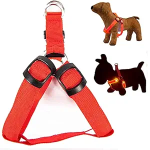 Genesis Dog Harness, Nylon LED Night Flashing Light USB Charging Pets Walking Belt Harness Easy Control. Size Medium, Red Choke-Free No Pull Adjustable Comfortable Harness. (Girth inch: 15