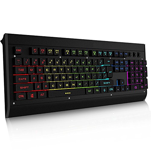 Preisvergleich Produktbild Iyowin Aluminium USB Tastatur wasserdicht, Gaming Ausstattung, mechanisches Gefühl, handgefertigt, 7 LED GRB Beleuchtung einstellbar, Patent für Aluminiumgehäuse, 104 Taste Anti-Goasting, 80Millionen Tastendruck-Test, Multimedia Tasten, Sound kontrollierte Atmenlampe - US Layout Schwarz