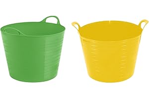 M1SS Set of 2-42L Litre Flexi Yellow and Lime Green - Robust Versatile Large Multipurpose Flexi Tub Garden Home Flexible Plastic Storage Container Bucket Tub Trug Horse Feeder Flex Tub -Made in UK