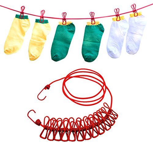 Aosbos 185-380cm Flexible Wäscheleine mit 12 beschichteten Klammern und 2 Haken für Reise, Camping, Hof, Hotel - 2
