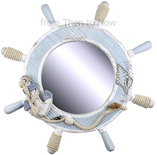 43 cm Chic & Shabby Holz Schiff weiß blau Rad Nautical Wandspiegel
