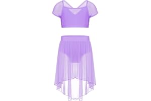 inlzdz Girls Two-Piece Ballet Dance Gymnastics Outfits Crop Tops Bra with Wrap Tutu Skirt Jazz Lyrical Dancewear Costumes