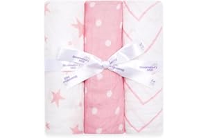 Bloomsbury Mill - Baby Swaddle Blanket - Soft 100% Organic Cotton Swaddles for Newborn - Large Muslin Cloths for Baby Girls - Pack of 3 - Baby Essentials for Newborn - Pink & White - 120x120cm
