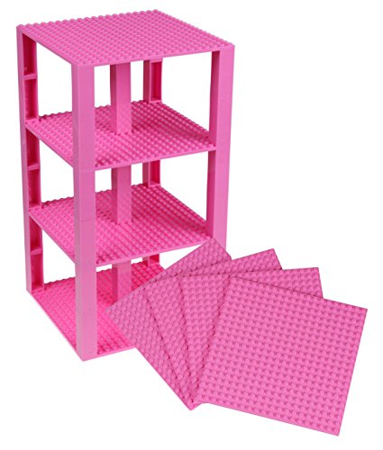 Strictly Briks Premium Pink Stackable Base Plates - 4 Pack 6" X 6" Baseplate Bundle With 30 Pink Bonus Building Bricks - Tower Construction
