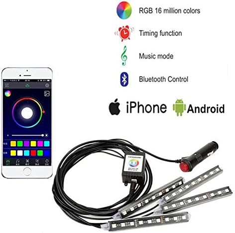4Pcs Colorful Car Interior LED Atmosphere Light, Glow Neon Floor Light Strip Under Dash Lighting Kit Sound Activated and Wireless APP Bluetooth Remote Control for iPhone Android Phones