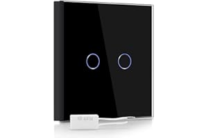 BSEED Interruptor regulador de luz 2 Gang 1 Vía,interruptor táctil de pared Negro con indicador LED, interruptores de luz pared con panel de vidrio templado(Adaptador Led requerido)