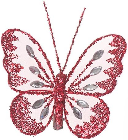 Butterflies With Glitter Diamante Body And Clip On Butterfly Reverse (Red)