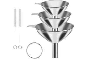 GOIEHIR 3 Piezas Embudo de Acero Inoxidable, Juego de Embudo de Cocina con 2 Cepillos de Limpieza de Mango Largo para Decantar Líquidos y Polvos, 4,5/5,5/7,5 cm