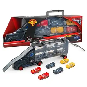 HALO NATION  MQueen Plastic Hauler Truck with 6 Diecast Cars with Race Track and Mini Car Storage Space Best Gifts Toys for Kids Boys - 7 Pieces Set