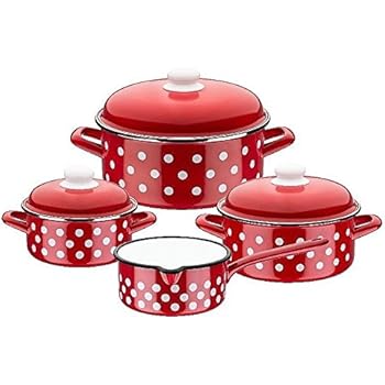 Tolles Kochtopfset Topf Set Töpfe rot weiße Punkte Emaille