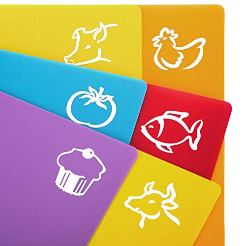 ZITFRI 6 Stk. Set Schneidebrett Kunststoff 38x30,5cm Schneidematte antibakteriell Tranchierbrett Flexibel biegsam hygiene und rutschfest, getrennter Gebrauch für Lebensmittel wie Fisch Gemüse Geflügel Fleisch Brot und Gebäck