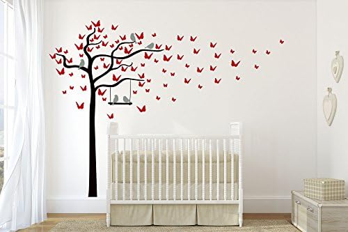 Premium Butterfly and Birds Swinging Tree. Quality Vinyl Matte Wall Decal Sticker (h. Black/Wine Red/Mid Grey)